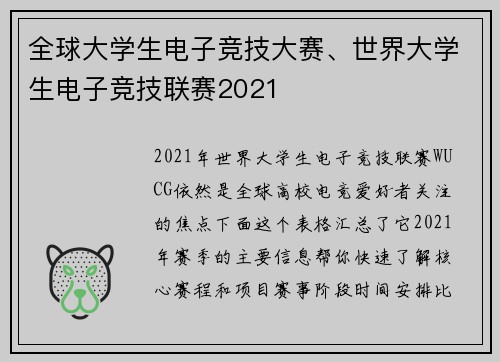 全球大学生电子竞技大赛、世界大学生电子竞技联赛2021